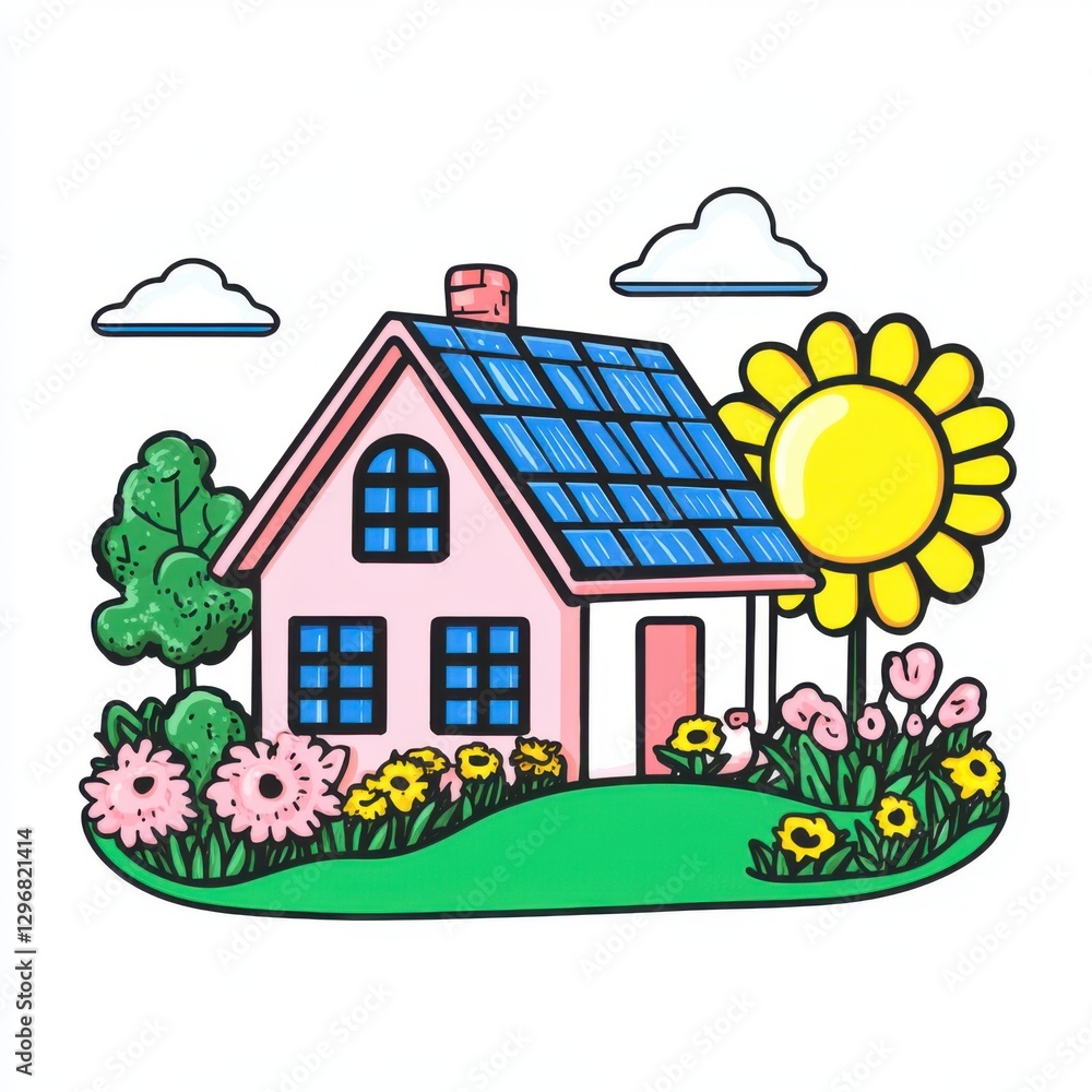 Fototapeta premium Illustrative Eco-friendly House with Solar Panels, Sunflower, and Lush Garden in Bright Colors