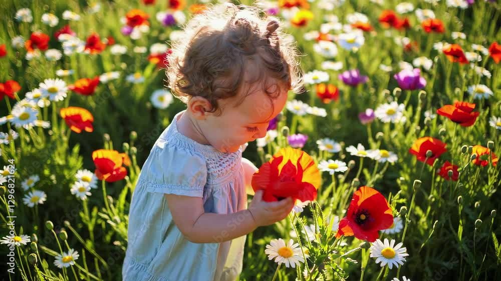 Happy Child Exploring Flower Field Happy Child Exploring Flower Field
