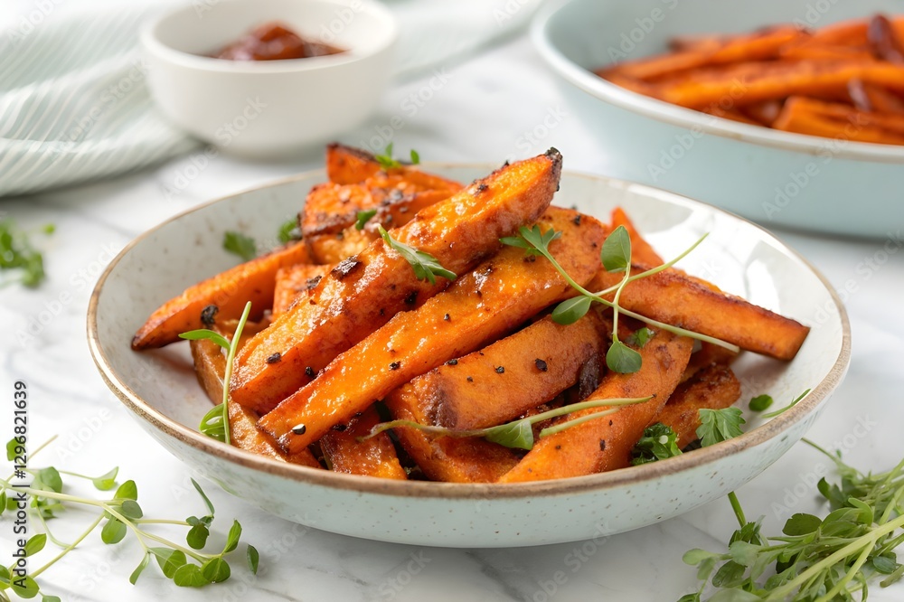 A plate of caramelized sweet potato fries with microgreens on the side, placed against a white marble background, shot from above in a close-up view. A plate of caramelized sweet potato fries with microgreens on the side, placed against a white marble background, shot from above in a close-up view.