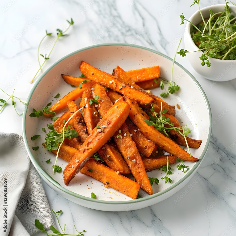 A plate of caramelized sweet potato fries with microgreens on the side, placed against a white marble background, shot from above in a close-up view. A plate of caramelized sweet potato fries with microgreens on the side, placed against a white marble background, shot from above in a close-up view.