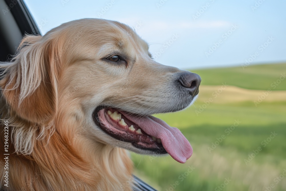 A happy dog sticks its tongue out, enjoying fresh air in a car A happy dog sticks its tongue out, enjoying fresh air in a car