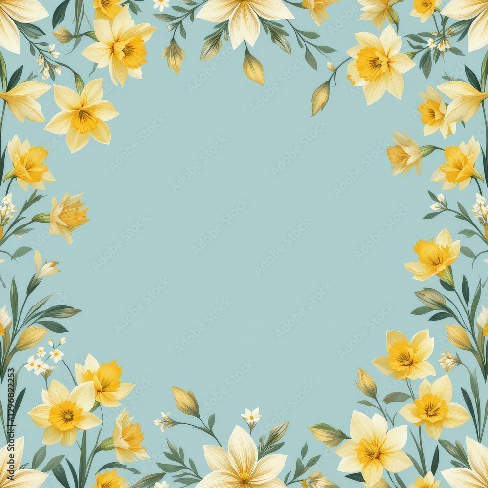 Modern Floral Vector Illustration Yellow Daffodils Soft Pastel Blue Background - Decorative Border Design Copy Space Spring Easter Invitations Greeting Cards Modern Floral Vector Illustration Yellow Daffodils Soft Pastel Blue Background - Decorative Border Design Copy Space Spring Easter Invitations Greeting Cards