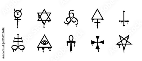 A linear black icon of a pentagram surrounded by esoteric and alchemical symbols, symbolizing spirituality, magic, and occult mysticism, perfect for Gothic or tattoo designs.