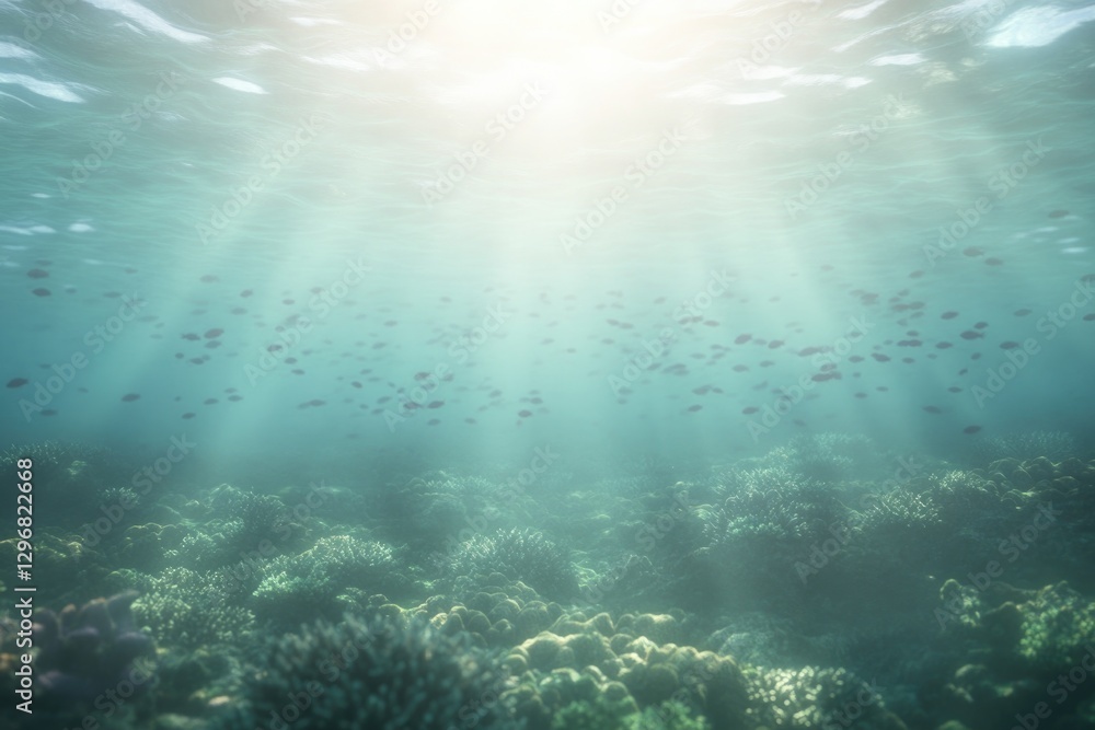 Fototapeta premium Sunlight pierces through water, illuminating vibrant coral and f