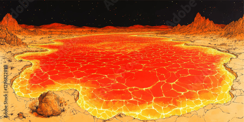 Vector Illustration of Volcanic Landscape with Lava Lake and Rocky Terrain under Starry Night Sky - Captivating Digital Art of Geothermal Activity and Nature's Power