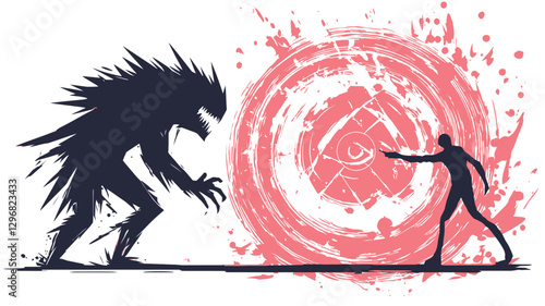 The image is a stylized vector illustration depicting a confrontation between a human silhouette and a large, monstrous silhouette.  The human figure is smaller and positioned to the right,
