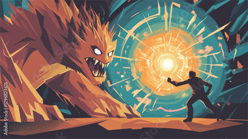 The artwork is a digital painting or illustration depicting a stylized confrontation between a man and a large, fiery beast. The beast, predominantly orange and brown hues, has a lion-like form.