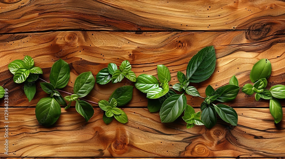 Wooden Surface With Subtle Grain and Fresh Green Leaves Creating a Minimalist Natural Aesthetic Wooden Surface With Subtle Grain and Fresh Green Leaves Creating a Minimalist Natural Aesthetic
