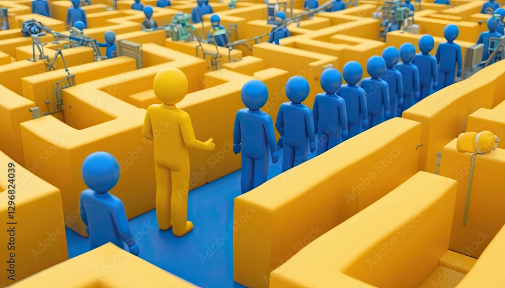 Obraz premium Navigating the maze blue and yellow figures digital environment abstract concept