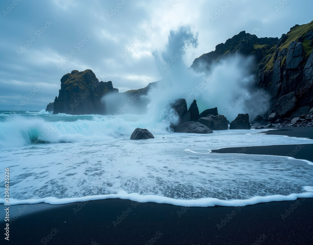 Obraz premium Icelandic black sand beach storm. Captivating scene of waves exploding against dramatic basalt columns captured at 1/1000s shutter speed