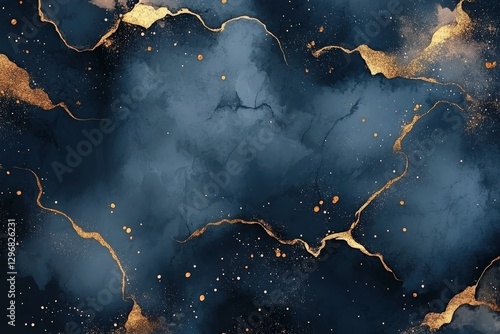 Blue and gold abstract background with marble texture and gold lines