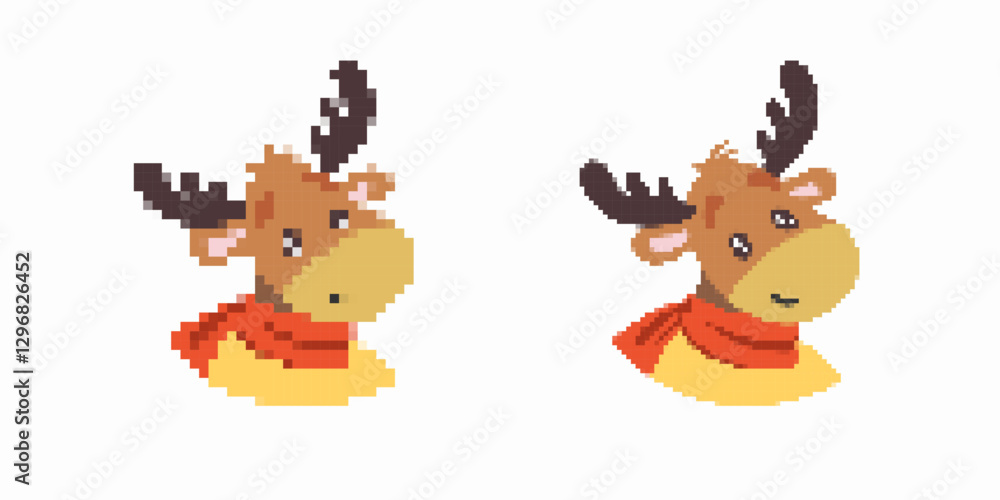 Fototapeta premium Two pixel art reindeer with antlers and red scarf. one with simple features, the other detailed.