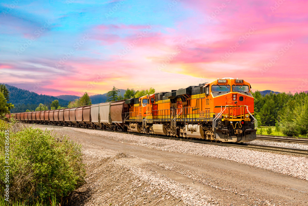 freight train pulling cargo with a sunset in the background freight train pulling cargo with a sunset in the background