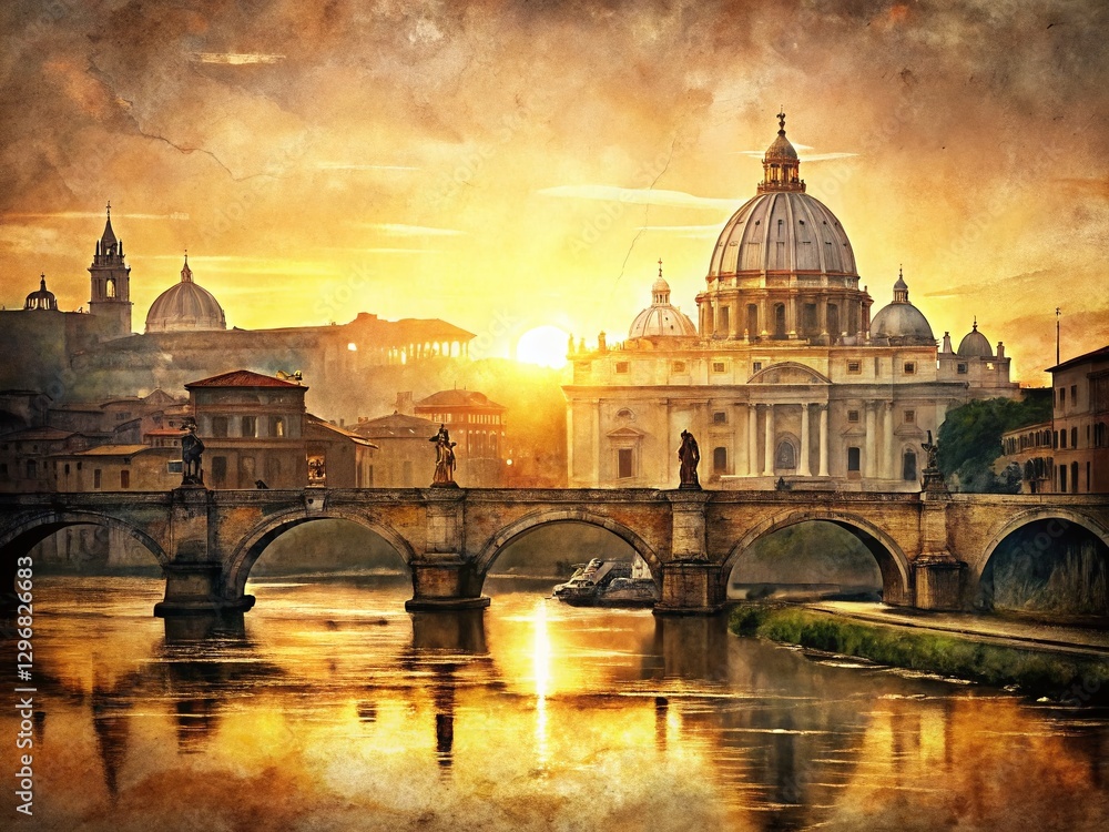 Fototapeta premium Rome Double Exposure: Vatican City & Ponte Sant'Angelo Over Tiber River