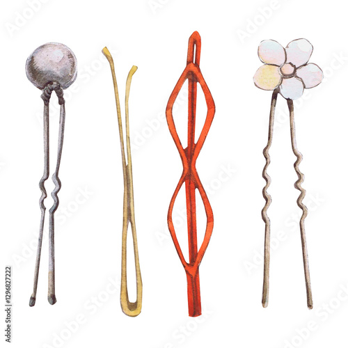 Watercolor illustrations of hairpins and hair items. Hand-drawn set of isolated clip art on a white background. Bright and stylish pictures of realistic hairpins and hair care devices for textiles