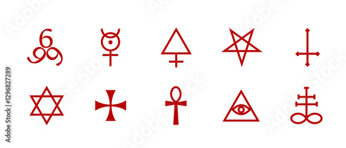 A minimalistic linear icon of a pentagram with blood red accents, symbolizing the occult, mysticism, and esoteric spirituality, ideal for horror and tattoo designs.
