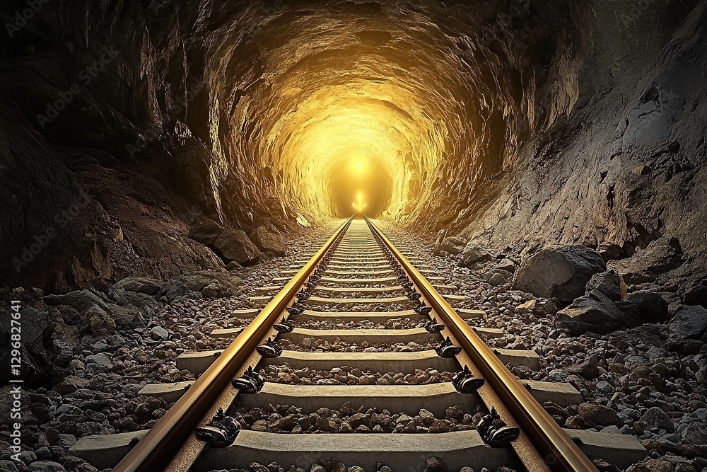Naklejka premium A tunnel with railway tracks leading into the distance, an underground mining scene