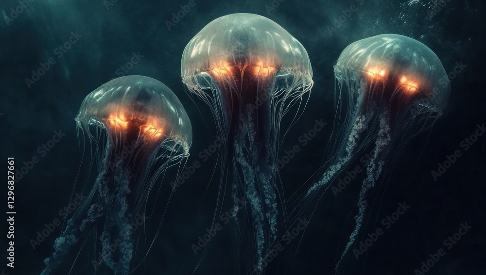 Naklejka premium Three bioluminescent jellyfish glowing in dark ocean depths.