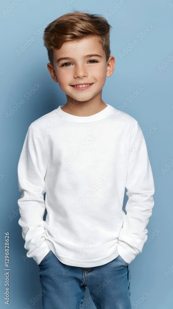 Boy in white sweatshirt and jeans against blue background. Use for children's clothing catalog Boy in white sweatshirt and jeans against blue background. Use for children's clothing catalog