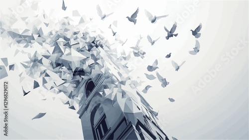 The image is an abstract digital illustration featuring numerous small, grey, bird-like shapes in motion against a bright white background.  These shapes appear to be a combination of stylized