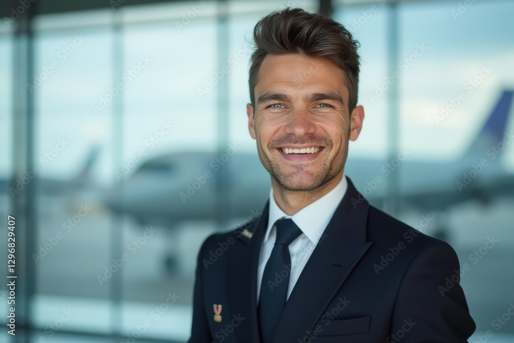 Head and shoulders Portrait of an elegant stylish Sammarinese young male flight attendant in uniform. Head and shoulders Portrait of an elegant stylish Sammarinese young male flight attendant in uniform.