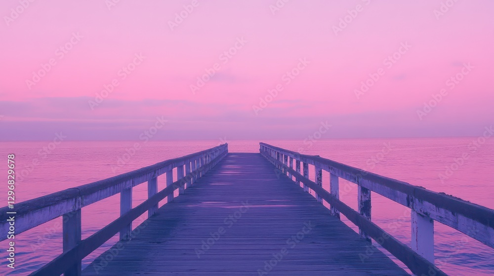 Pier extending across the ocean into the beautiful pink sky Pier extending across the ocean into the beautiful pink sky