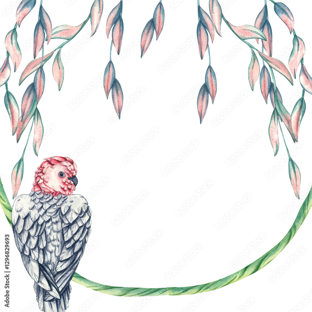 Naklejka premium Rose-breasted Cockatoo on a branch among tropical leaves and lianas. Watercolor illustration of an Australian bird Gala with space for text. Tropical template for design of cards and invitation