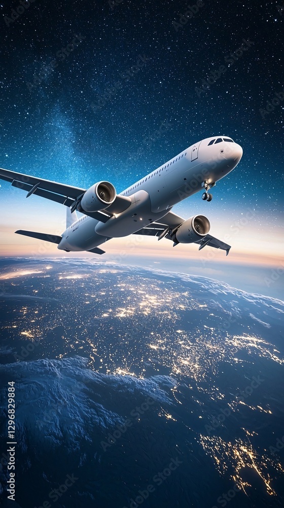 Obraz premium Airplane Flying Over Night City Lights