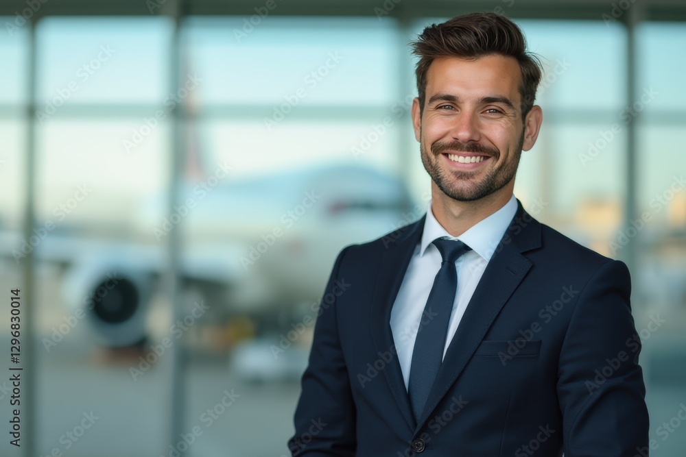 Head and shoulders Portrait of an elegant stylish Spanish young male flight attendant in uniform. Head and shoulders Portrait of an elegant stylish Spanish young male flight attendant in uniform.