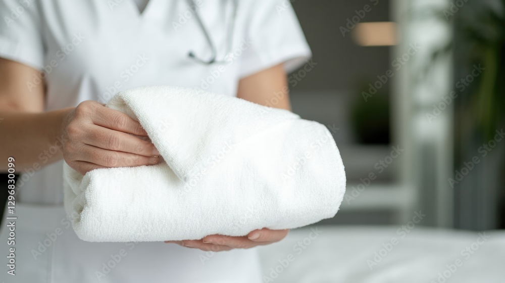 Fototapeta premium Neatly folded white towel held by caregiver in serene environmen