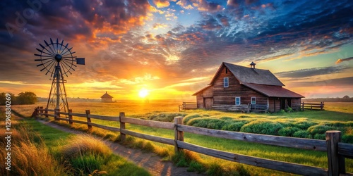 Rural Farmhouse with Windmill Double Exposure Stock Photo
