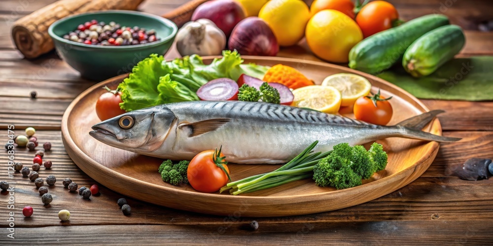A plate of freshly frozen mackerel fish on a wooden cutting board with a bowl of mixed vegetables in the background , food, freshly frozen mackerel A plate of freshly frozen mackerel fish on a wooden cutting board with a bowl of mixed vegetables in the background , food, freshly frozen mackerel