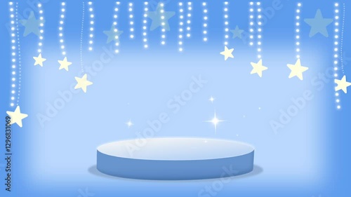 cute blue podium with hanging lamp and stars on a blue background, perfect for kids concept product displays