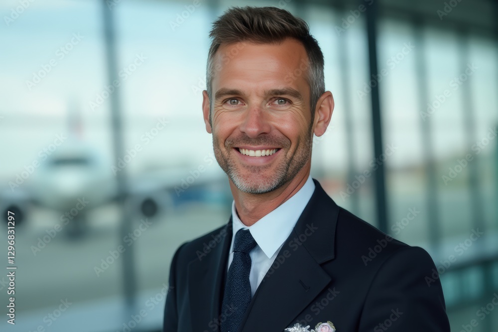 Head and shoulders Portrait of an elegant stylish Australian 50 years old male flight attendant in uniform. Head and shoulders Portrait of an elegant stylish Australian 50 years old male flight attendant in uniform.