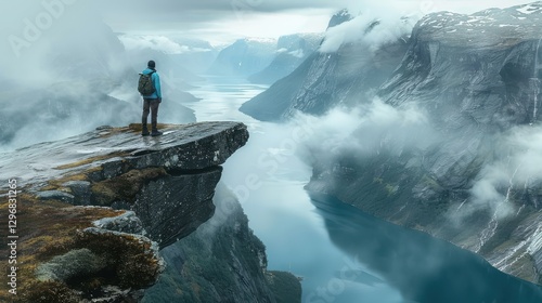 Majestic Mountain View with Hiker Overlooking Calm Fjord in a Cloudy Landscape