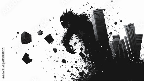 The image is a digital illustration or painting rendered in monochrome (black and white). It depicts a large, undefined creature silhouetted against a white background. The creature appears