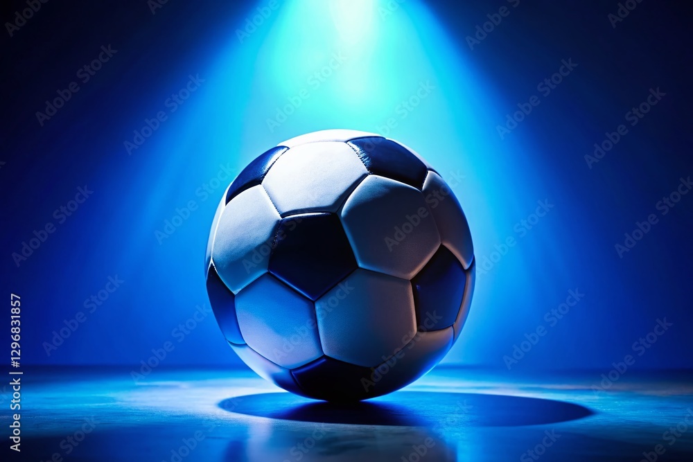 Fototapeta premium Silhouette Soccer Ball on Vibrant Blue Background - Dramatic Sports Photography