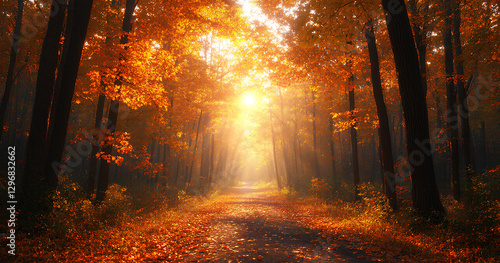 Sun-drenched Autumn Forest Path
