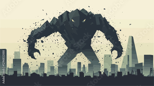 A vector illustration depicting a large, dark, stone golem looming over a stylized cityscape. The golem is composed of angular, geometric shapes, suggesting a low-poly or fragmented rock structure.