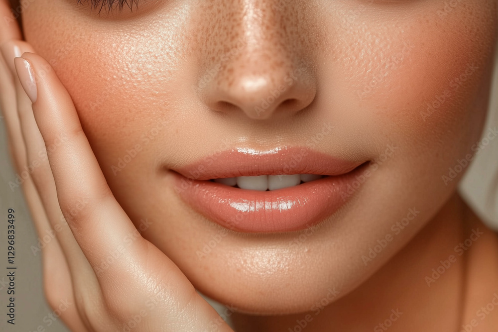 Woman natural lips close up. Beautiful girl mouth with natural makeup, perfect clean skin and plump pink lips. Beauty and skincare concept Woman natural lips close up. Beautiful girl mouth with natural makeup, perfect clean skin and plump pink lips. Beauty and skincare concept