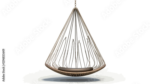 Studio shot of a hanging chair. The chair features a cone-shaped frame constructed from light-colored, seemingly woven or fibrous material. The seat is a flat, round platform of a similar light