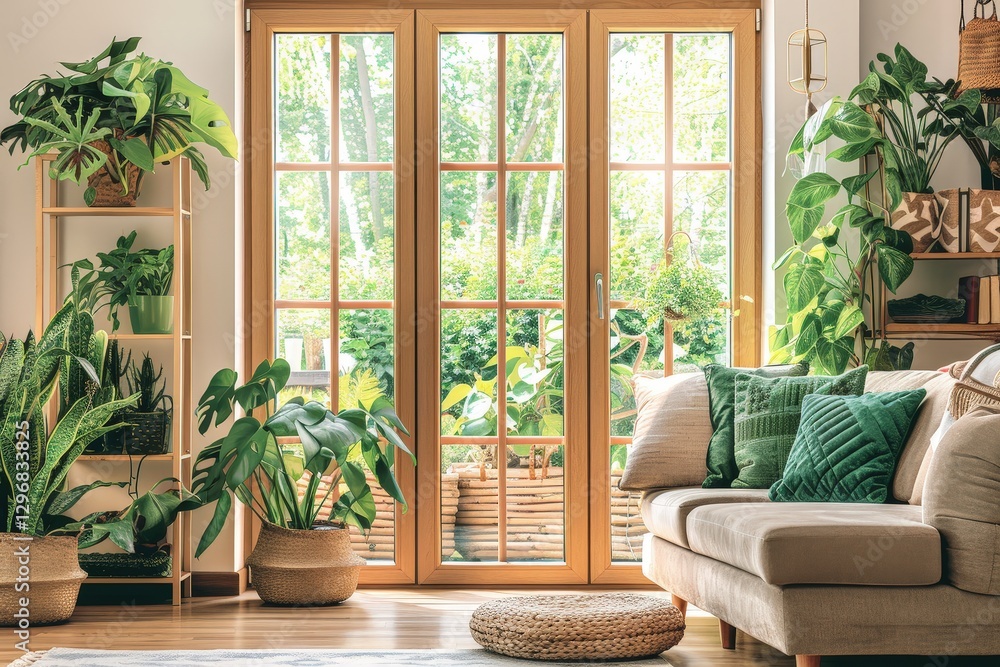 A bright, airy living room featuring large windows, a comfortable sofa, and lush indoor plants, creating a serene, nature-inspired atmosphere. A bright, airy living room featuring large windows, a comfortable sofa, and lush indoor plants, creating a serene, nature-inspired atmosphere.