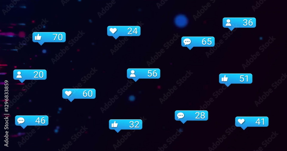 Image of social media like and love notifications and colourful lights on black background Image of social media like and love notifications and colourful lights on black background