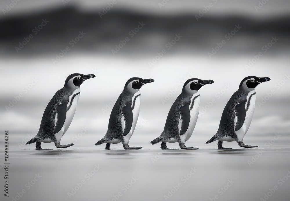 Obraz premium A monochrome depiction of four adorable penguins walking in a line on a serene beach, showcasing their unique characteristics and playful demeanor in nature
