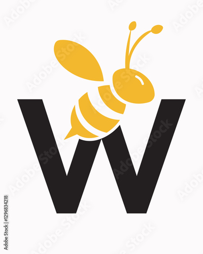 Initial Bee Logo On Letter W For Honey Bee Symbol