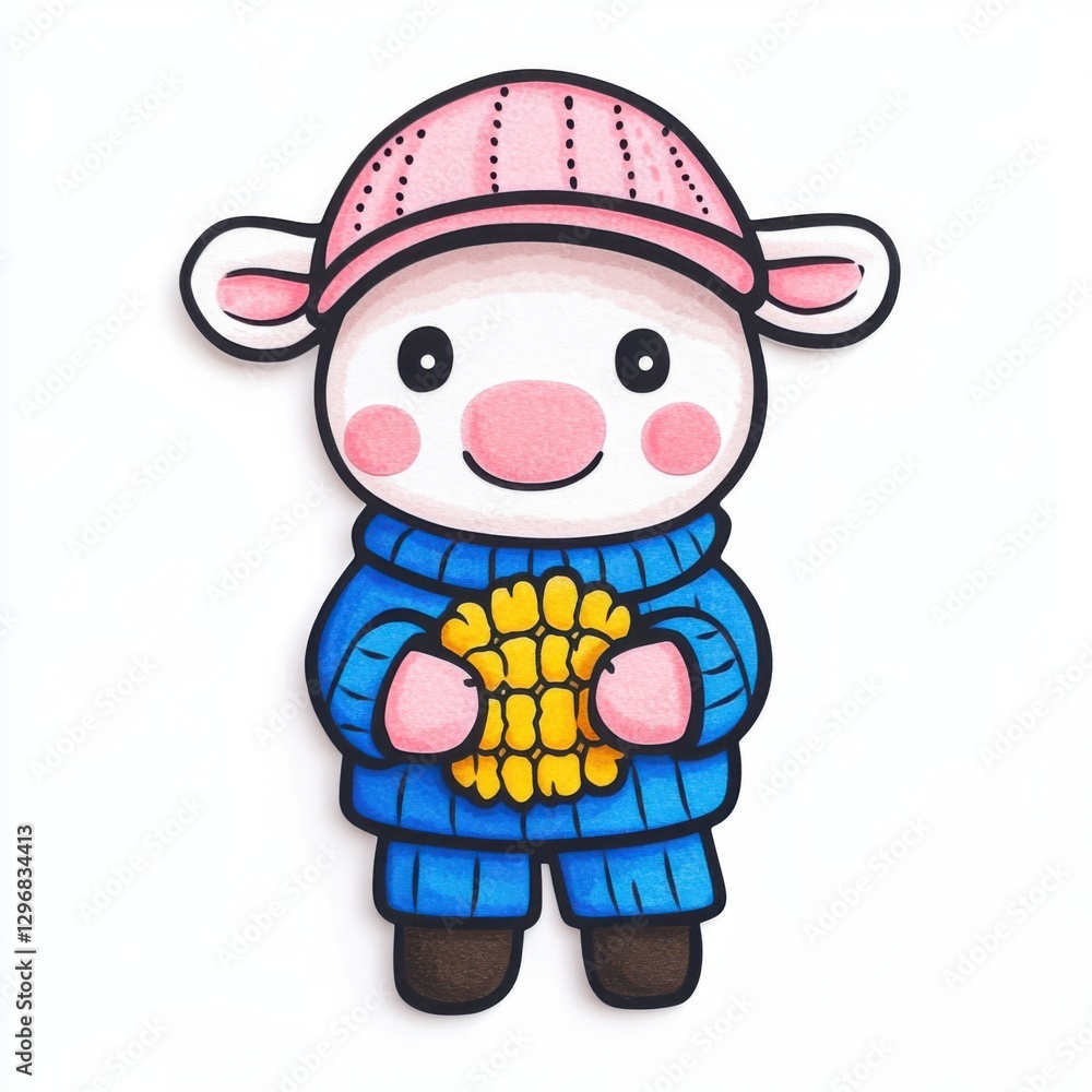 Obraz premium Cute Cartoon Sheep Character in Blue Sweater Holding Corn with Pink Hat and Friendly Expression
