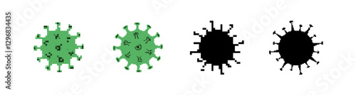 A series of four virus icons showing different styles. two are pixelated in green, and two are silhouettes.