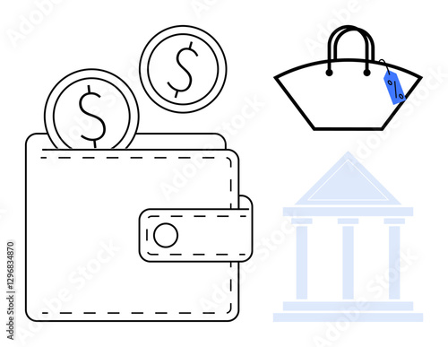 Wallet with coins, shopping bag with price tag, and bank building artfully illustrated. Ideal for finance, banking, commerce, economy, savings shopping business. Simplifies financial transactions