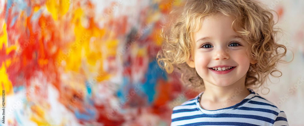 Portrait of a smiling young child with curly hair standing in front of a colorful abstract wall, showcasing creativity, joy, and innocence, with vibrant colors in the background. Portrait of a smiling young child with curly hair standing in front of a colorful abstract wall, showcasing creativity, joy, and innocence, with vibrant colors in the background.