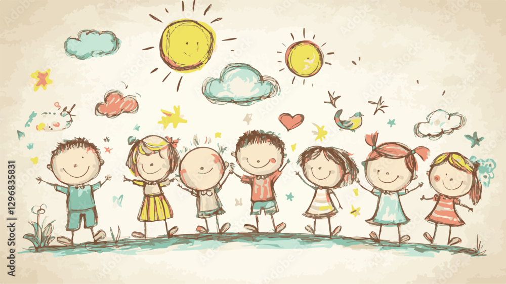 Naklejka premium Colorful Creativity & Global Unity: Playful Kids, Artistic Expressions, and Collaborative Ideas . A Vibrant Fusion of Kids' Creativity, Playful Learning, and Global Collaboration Art & Illustration